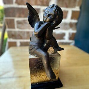 VTG  Antique Bronze Cherub Angel Victorian‎ Metal Sculpture Gfit Box Art 8.5" H